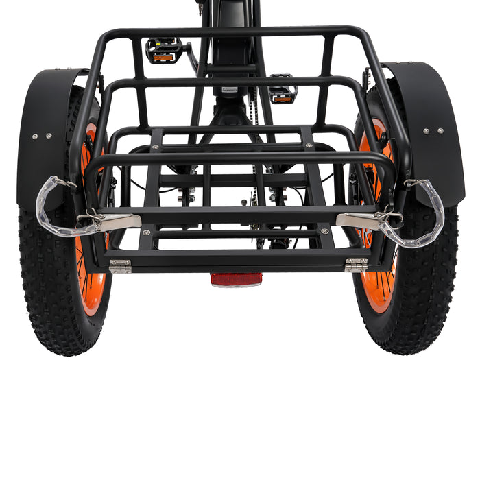 Ecotric 48V 24"x4.0 Front 20"x4.0 Rear Tires Tricycle electric bike with Front Basket  + Rear Rack-senior