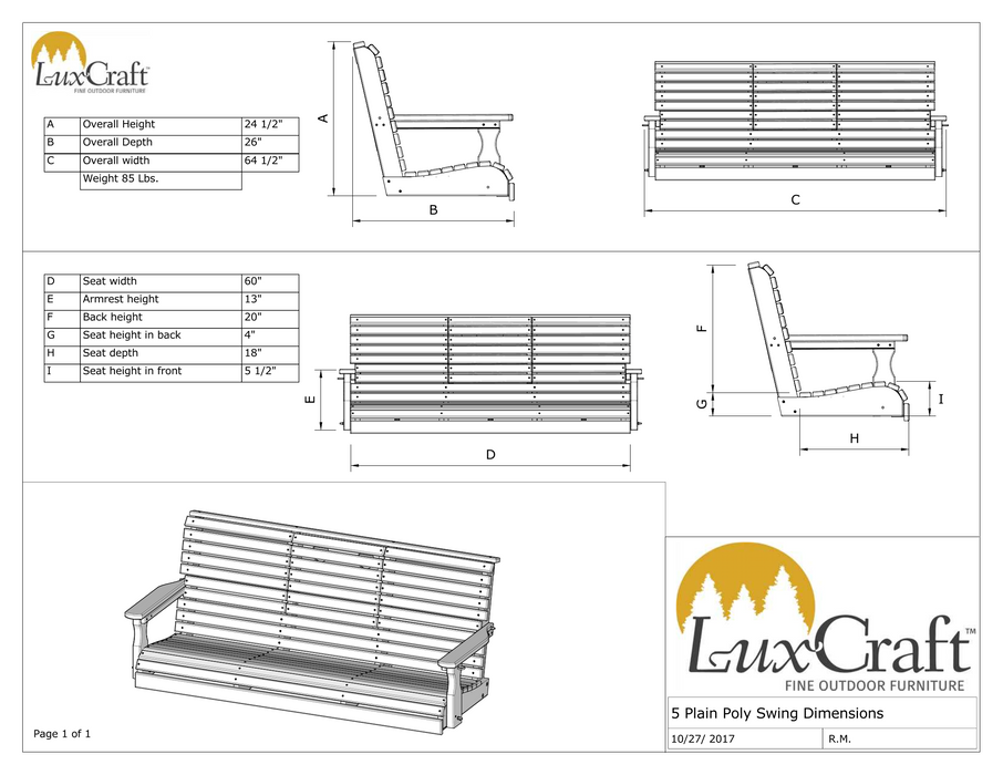 LuxCraft Rollback 5ft Recycled Plastic Plain Porch Swing with Flip Down Center Console