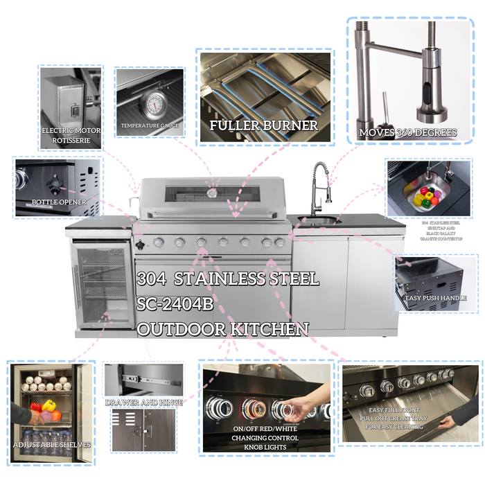 96" 6-Burner 85,000 BTU Deluxe Stainless Outdoor Kitchen Island Grill with Wine Cooler & Storage Cabinets