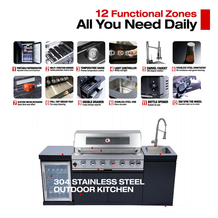 Stainless 82" 6-Burner 85000 BTU Black Outdoor Kitchen Island Grill + Refrigerator + Sink