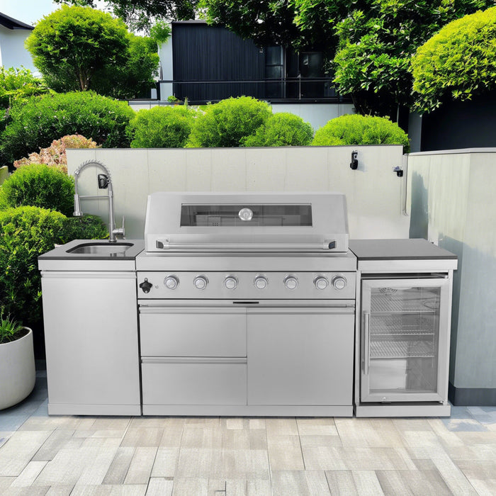 82" 6-Burner 85,000 BTU Stainless Outdoor Kitchen Island Grill with Wine Cooler, Granite Countertops & Storage Cabinets