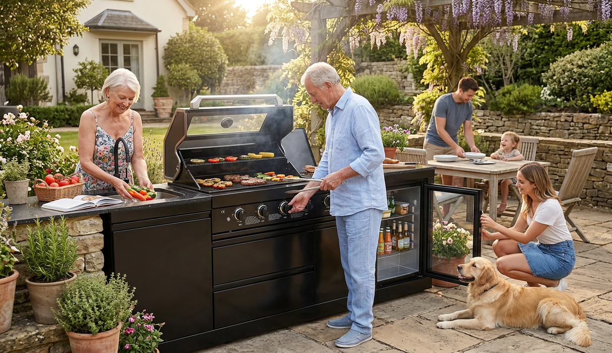 85" 4-Burner 85000 BTU Black Outdoor Kitchen Island Grill with Compact Refrigerator Marble Countertops Sink