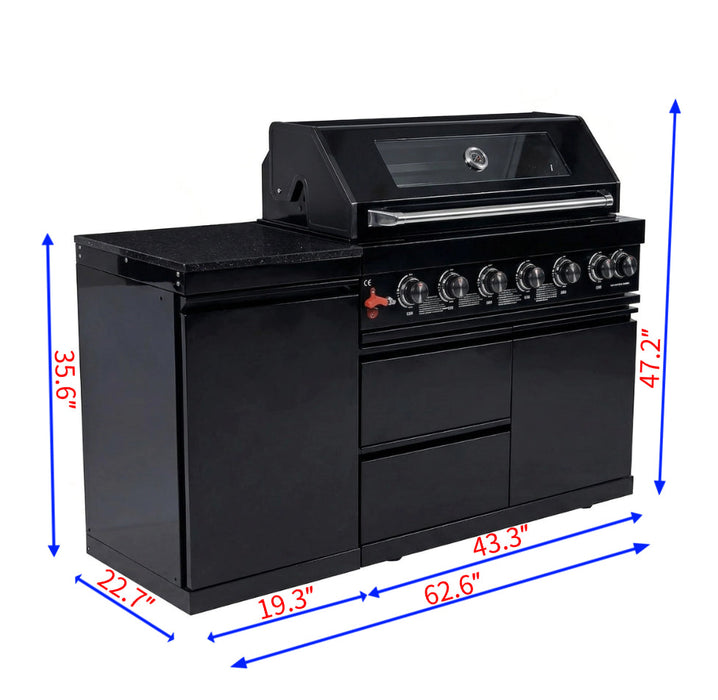 63" 6-Burner 85,000 BTU Black Outdoor Kitchen Island Grill + Marble Countertops