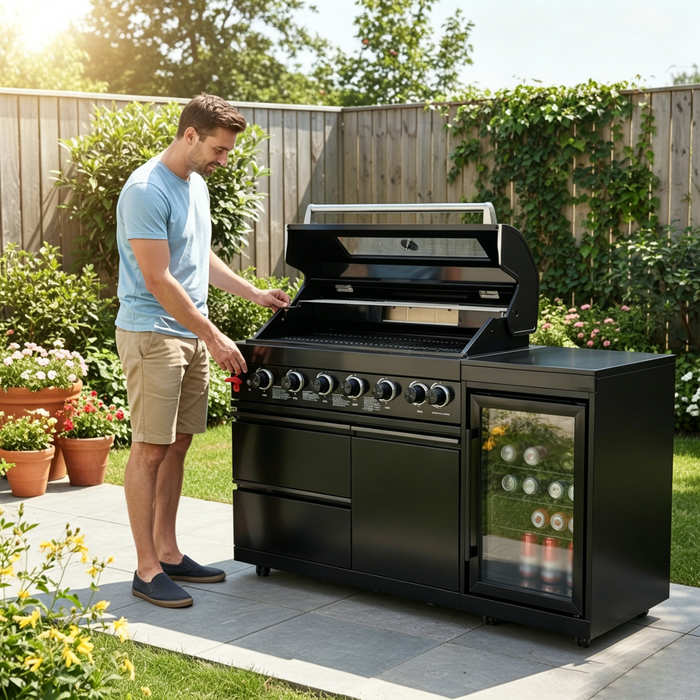 63" 6-Burner Black Outdoor Kitchen Island Grill + Fridge