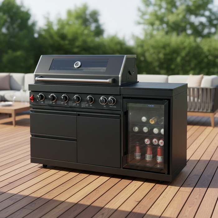 63" 6-Burner Black Outdoor Kitchen Island Grill + Fridge