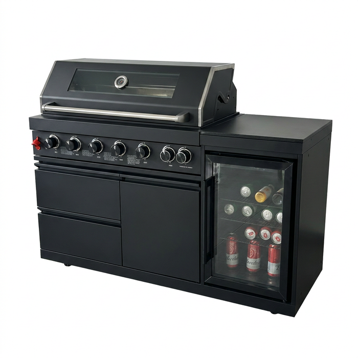 63" 6-Burner Black Outdoor Kitchen Island Grill + Fridge