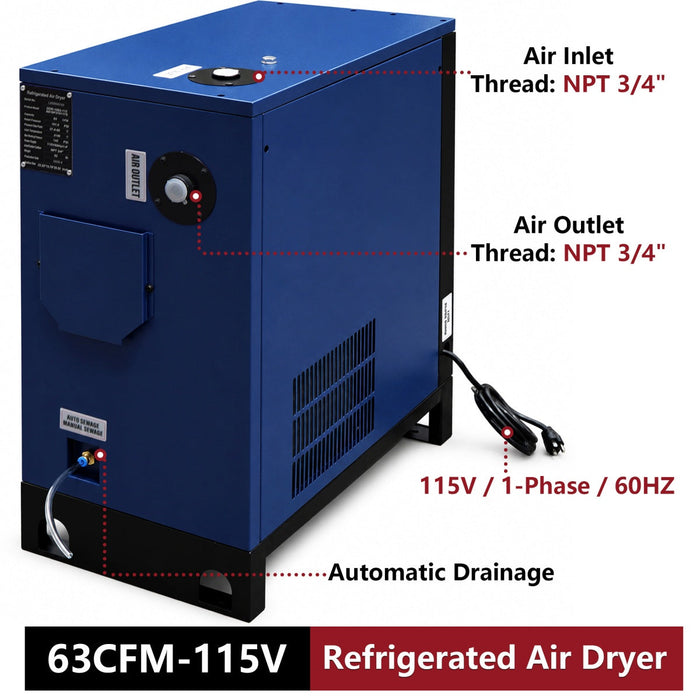 63CFM Refrigerated Air Dryer for 10HP & 15HP Compressors