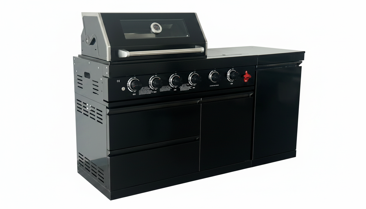 65" 4-Burner 72,000 BTU Black Outdoor Kitchen Island Grill +Side Burner + Marble Countertops
