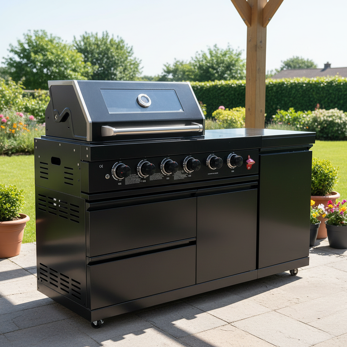 65" 4-Burner 72,000 BTU Black Outdoor Kitchen Island Grill +Side Burner + Marble Countertops
