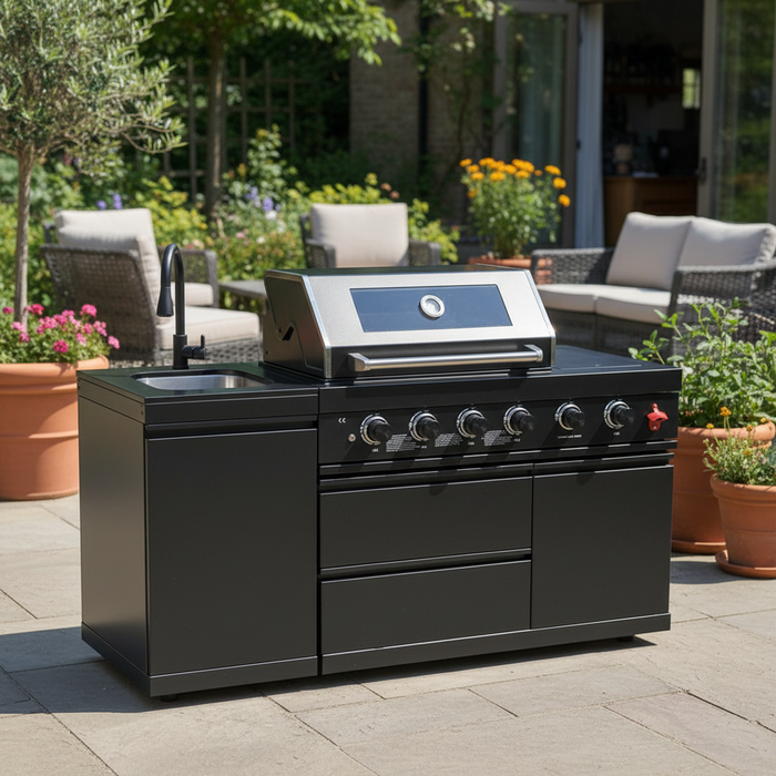 65" 4-Burner 72,000 BTU Black Outdoor Kitchen Island Grill + Round Side Burner