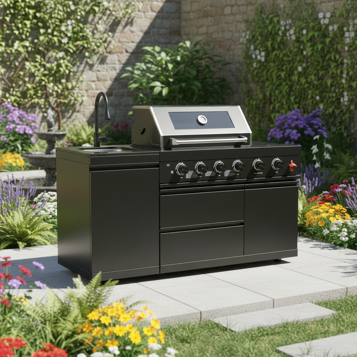 65" 4-Burner 72,000 BTU Black Outdoor Kitchen Island Grill + Round Side Burner