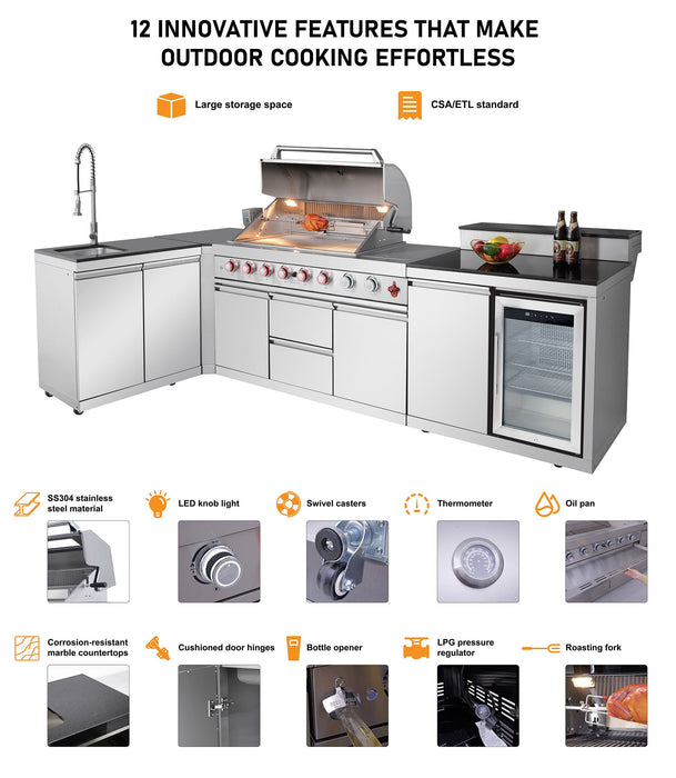 102.4", 4-Burner, 59,500 BTU Silver Outdoor Kitchen Island Grill  with Sink & Refrigerator