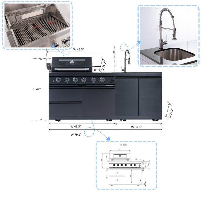 79" 4-Burner 72,000 BTU Black Outdoor Kitchen Island Grill + Side Burner + Rotisserie kit +Sink