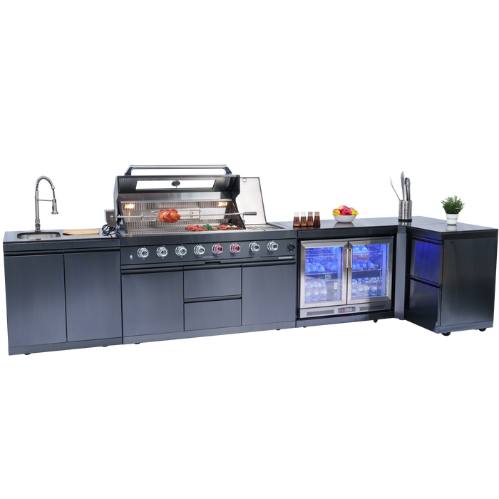 153+44" 6-Burner 96000 BTU Black Outdoor Kitchen  Island Grill with Wine Cooler & Drawers
