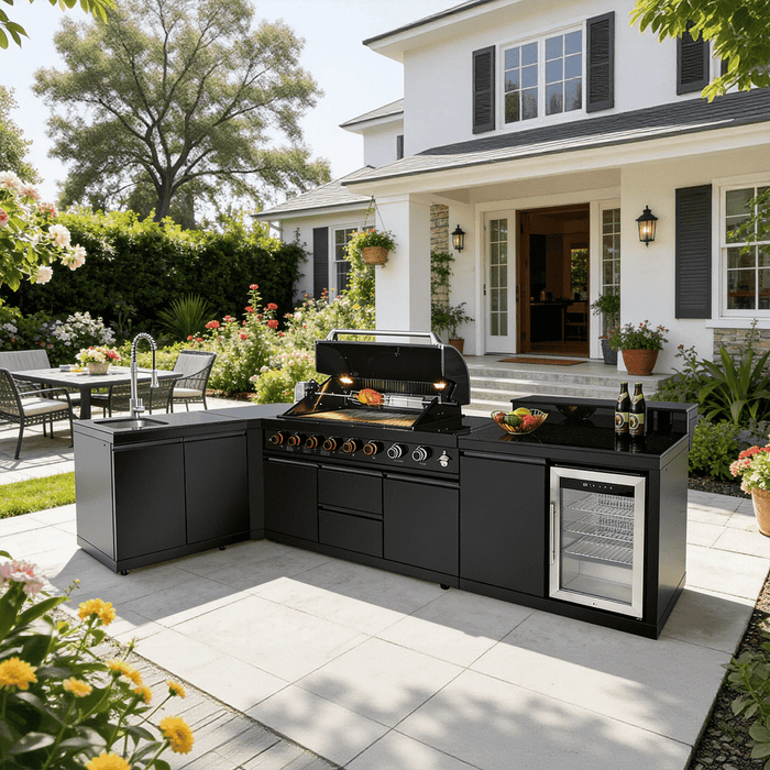95.8", 95,500 BTU, 6+1 Burner Black Outdoor Kitchen Island Grill with Sink, Refrigerator & Bar Table