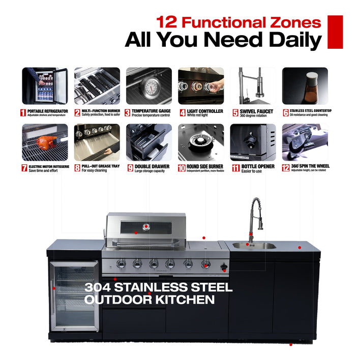 Stainless 98" 4-Burner 72,000 BTU Black Outdoor Kitchen Island Grill + Refrigerator + Rotisserie + Storage Cabinets & Drawers