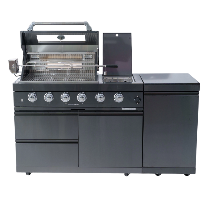 65" 4-Burner 72,000 BTU Black Outdoor Kitchen Island Grill + Side Burner + Rotisserie kit