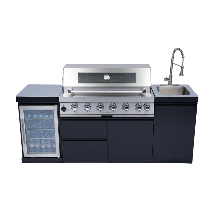 Stainless 82" 6-Burner 85000 BTU Black Outdoor Kitchen Island Grill + Refrigerator + Sink