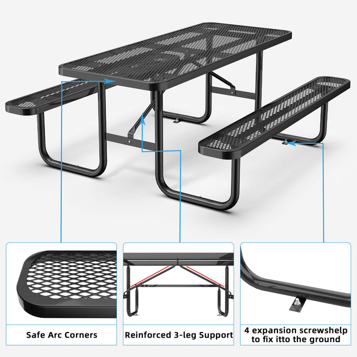 Chery Industrial 6 ft Metal Picnic Table Outdoor Coated Steel Patio Furniture Set