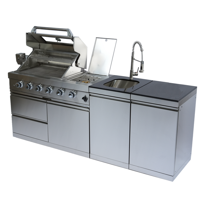 85" 4-Burner 72,000 BTU Silver Outdoor Kitchen Island Grill + Side Burner + Storage Cabinets & Drawers