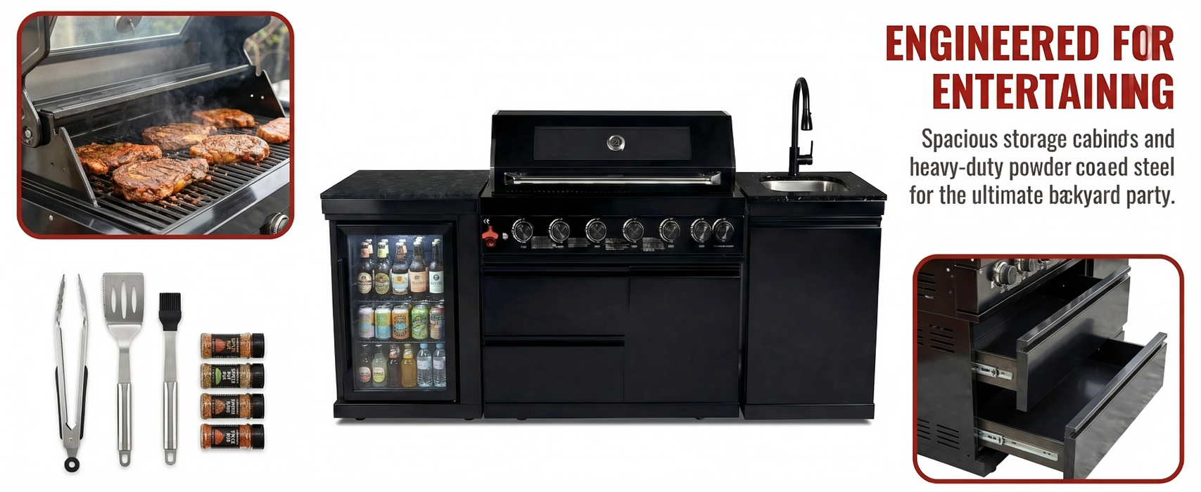 82" 6-Burner 85,000 BTU Gas Outdoor Kitchen Island Grill Stainless Steel Sink Wine Cooler