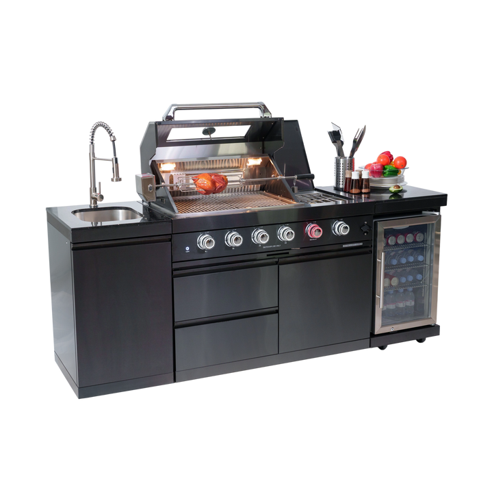 NG 85" 4-Burner 72,000 BTU Black Outdoor Kitchen Island Grill + Refrigerator + Sink