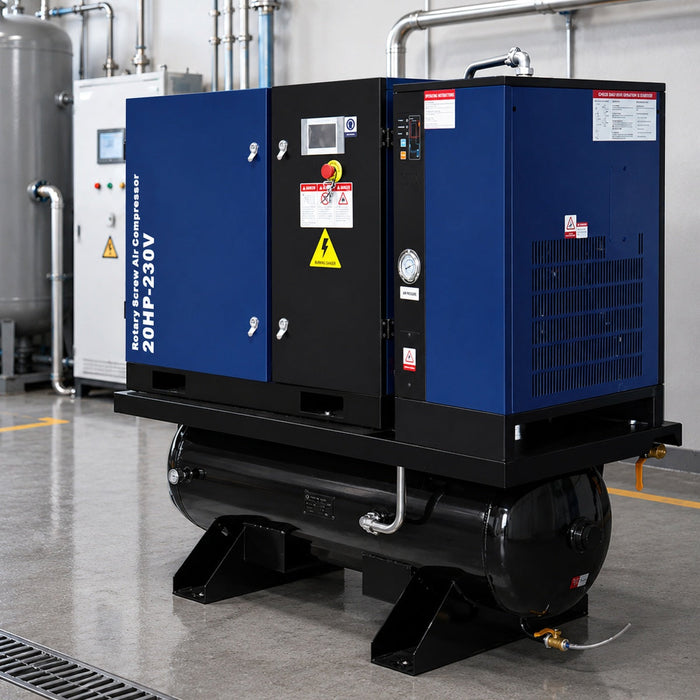 74CFM 20HP Rotary Screw Air Compressor with Air Dryer & ASME Tank | 125 PSI 230V 3-Phase
