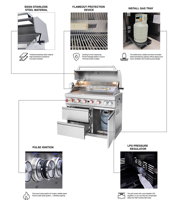 102.4", 4-Burner, 59,500 BTU Silver Outdoor Kitchen Island Grill  with Sink & Refrigerator