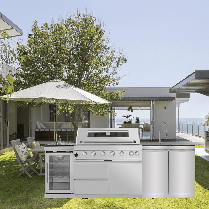 96" 6-Burner 85,000 BTU Deluxe Stainless Outdoor Kitchen Island Grill with Wine Cooler & Storage Cabinets