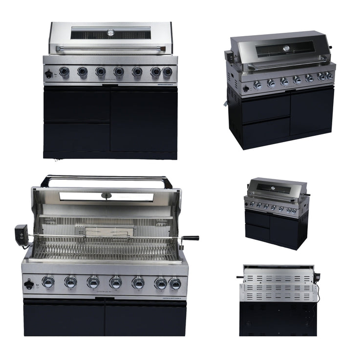Stainless 96" 6-Burner 85000 BTU Black Outdoor Kitchen Island Grill + Refrigerator + Sink + Rotisserie