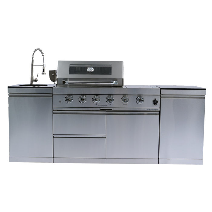 NG 85" 4-Burner 72,000 BTU Silver Outdoor Kitchen Island Grill + Side B & Storage Cabinets & Sink