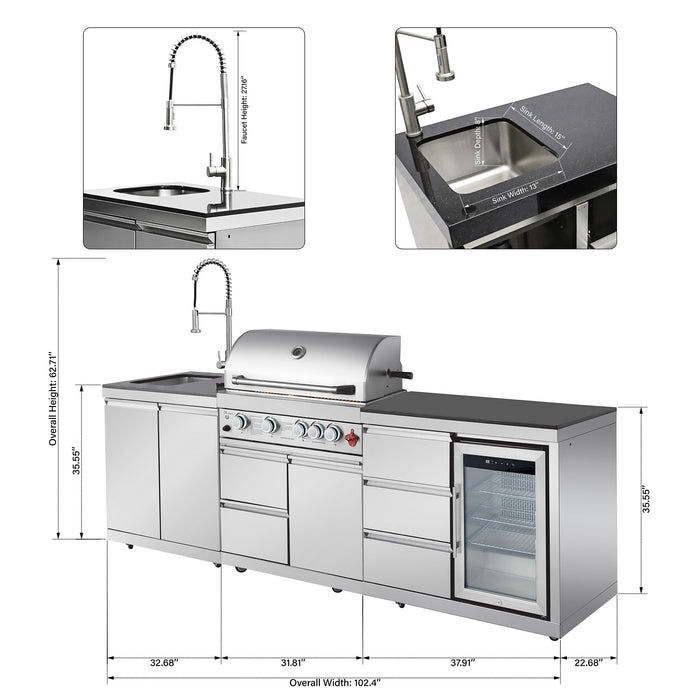 102.4", 4-Burner, 59,500 BTU Silver Outdoor Kitchen Island Grill  with Sink & Refrigerator