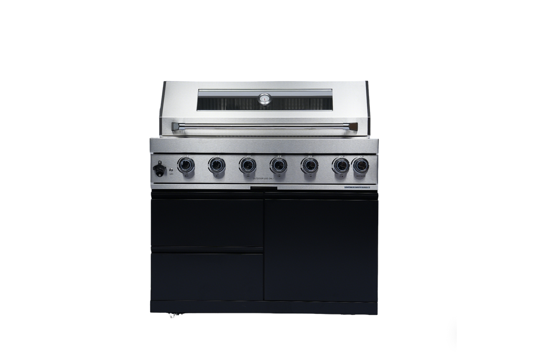 Stainless 82" 6-Burner 85000 BTU Black Outdoor Kitchen Island Grill + Refrigerator + Sink