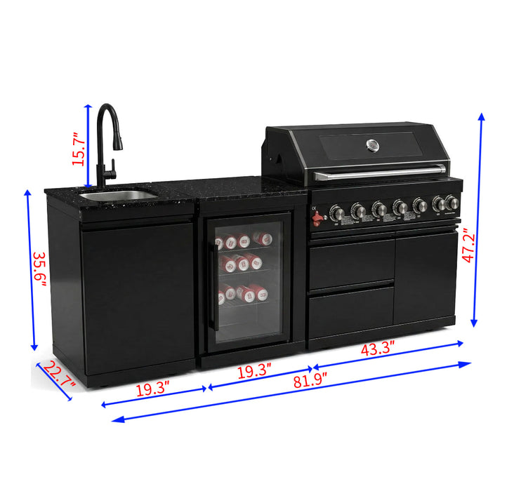 82" 6-Burner 85,000 BTU Gas Outdoor Kitchen Island Grill Stainless Steel Sink Wine Cooler