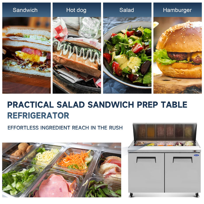 48" Width Commercial Refrigerators Sandwich & Salad Prep Table with a Butcher Block Cutting Board