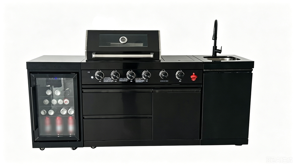 85" 4-Burner 85000 BTU Black Outdoor Kitchen Island Grill with Compact Refrigerator Marble Countertops Sink