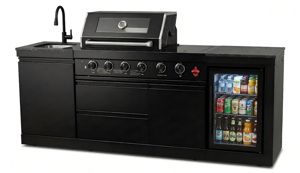 85" 4-Burner 85000 BTU Black Outdoor Kitchen Island Grill with Compact Refrigerator Marble Countertops Sink
