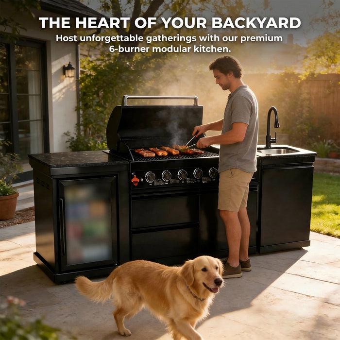 82" 6-Burner 85,000 BTU Gas Outdoor Kitchen Island Grill Stainless Steel Sink Wine Cooler