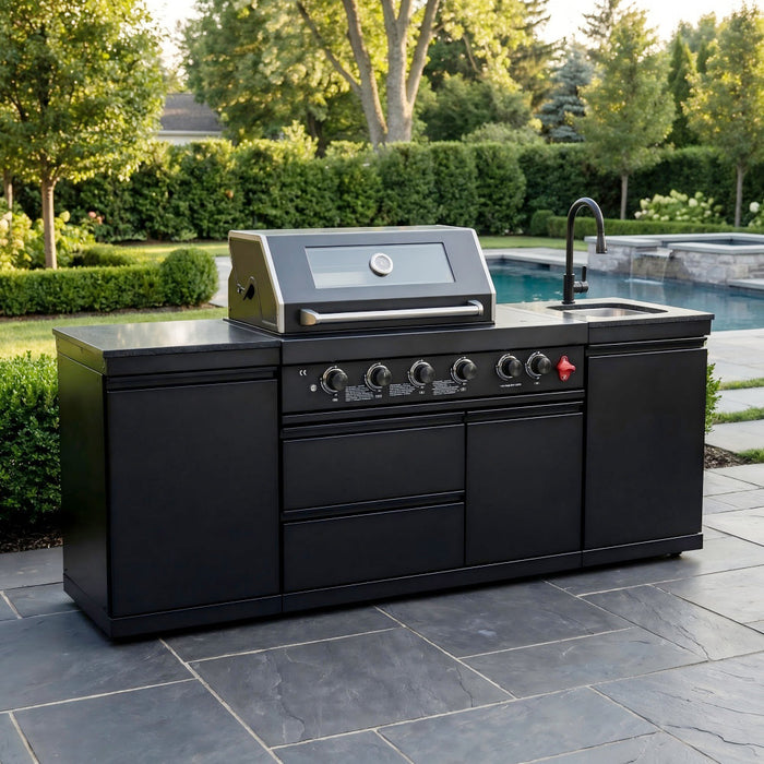 85" 4-Burner 85,000 BTU Black Outdoor Kitchen Island Grill + Storage Cabinets + Sink