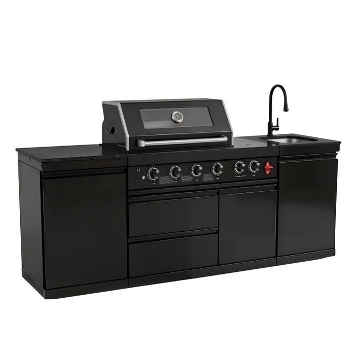 85" 4-Burner 85,000 BTU Black Outdoor Kitchen Island Grill + Storage Cabinets + Sink