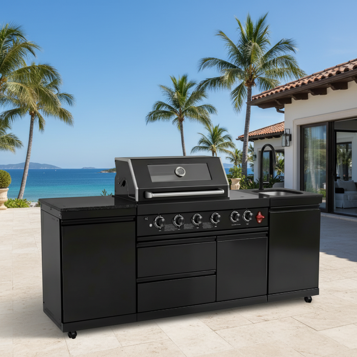 85" 4-Burner 85,000 BTU Black Outdoor Kitchen Island Grill + Storage Cabinets + Sink