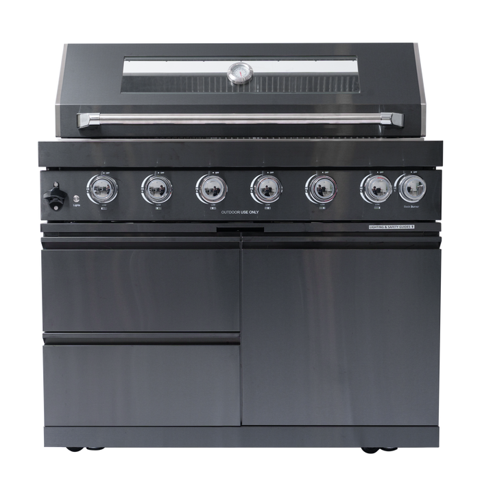NG 85" 6-Burner 85,000 BTU Black Outdoor Kitchen Island Grill Refrigerator + Rotisserie Kit + Sink