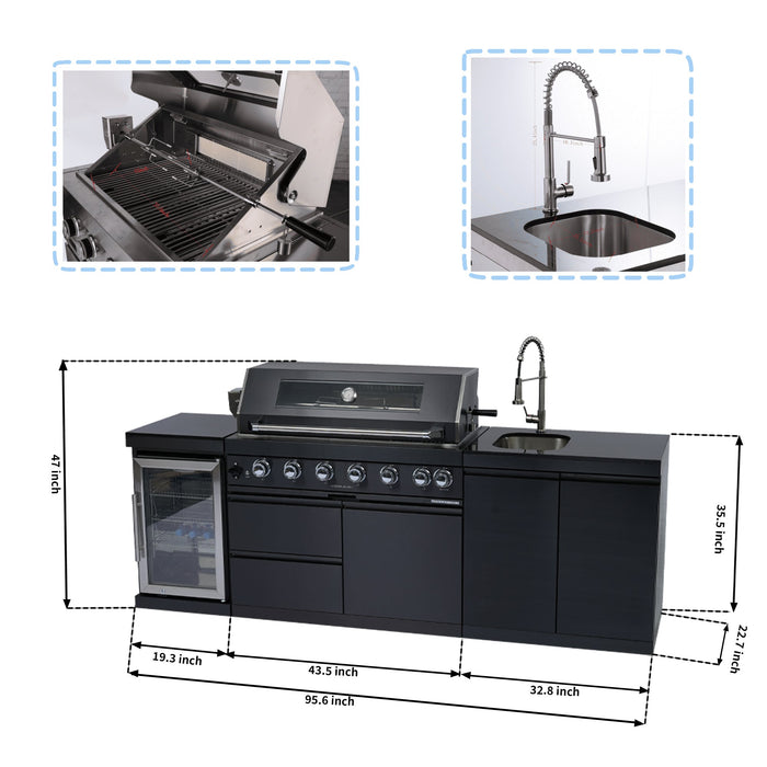 96" 6-Burner 85000 BTU Deluxe Stainless Steel Gas Outdoor Kitchen Island Grill with Wine Cooler & Sink
