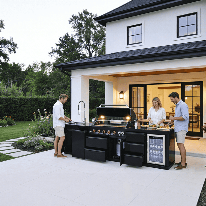 114" 6-Burner 83,500 BTU Propane Outdoor Kitchen Island Grill with Sink & Refrigerator