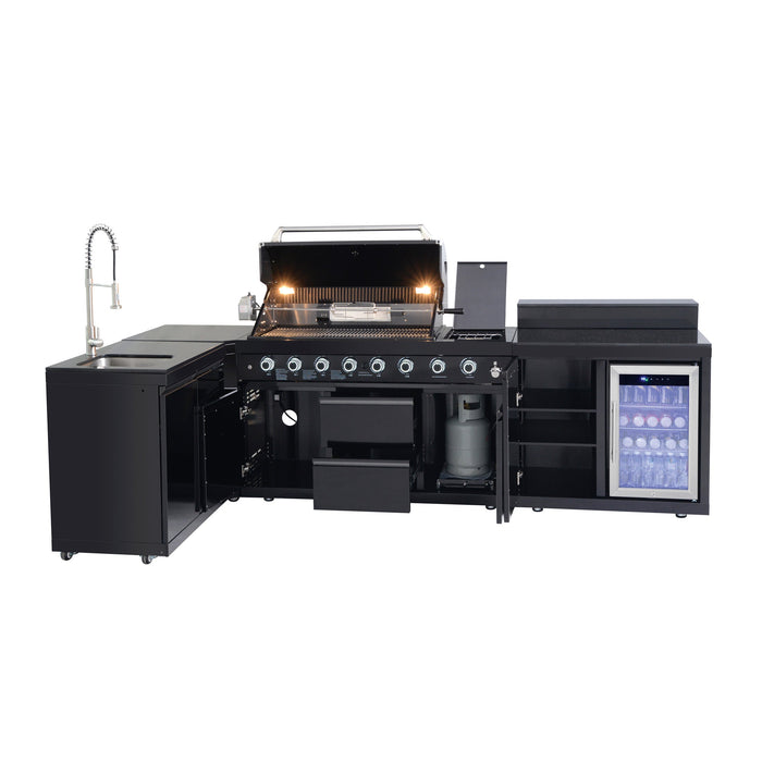 95.8", 95,500 BTU, 6+1 Burner Black Outdoor Kitchen Island Grill with Sink, Refrigerator & Bar Table