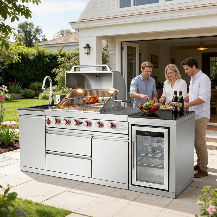 85.2" 4+1 Burner 71500 BTU Silver Outdoor Kitchen Island Grill + Sink + Refrigerator