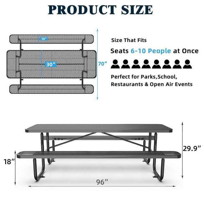 Chery Industrial 8 ft Metal Picnic Tables for Outdoors, Rectangle Coated Steel Patio Furniture Set