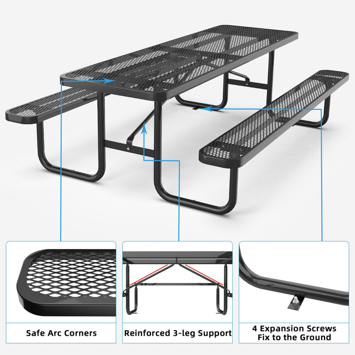 Chery Industrial 8 ft Metal Picnic Tables for Outdoors, Rectangle Coated Steel Patio Furniture Set