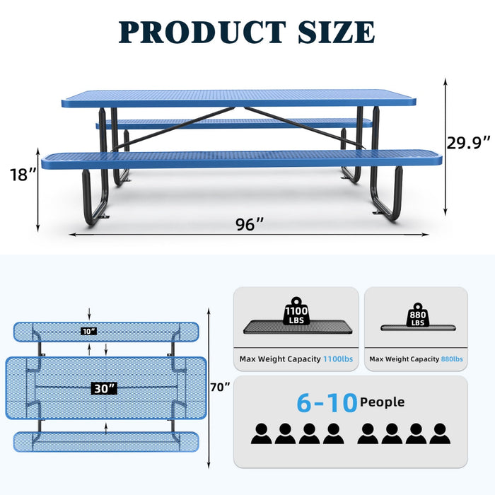Chery Industrial 8 ft Metal Picnic Tables for Outdoors, Rectangle Coated Steel Patio Furniture Set