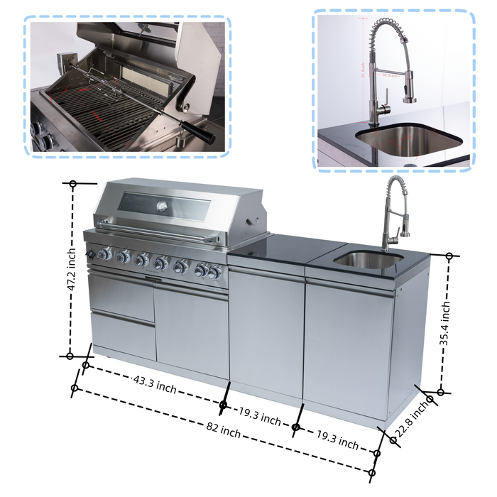 82" 6-Burner 85000 BTU Silver Outdoor Kitchen Island Grill + Storage Cabinets & Drawers & Sink/Faucet